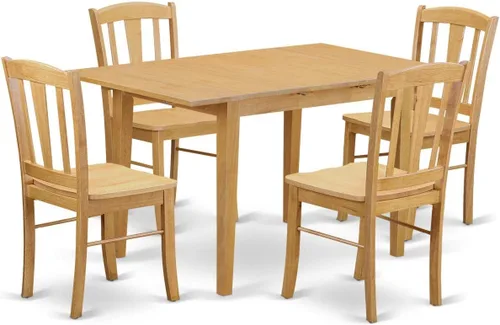 East West Furniture NODL5-OAK-W - Juego de comedor de 5 piezas para 4 personas, incluye una mesa de comedor rectangular con hojas de mariposa y 4