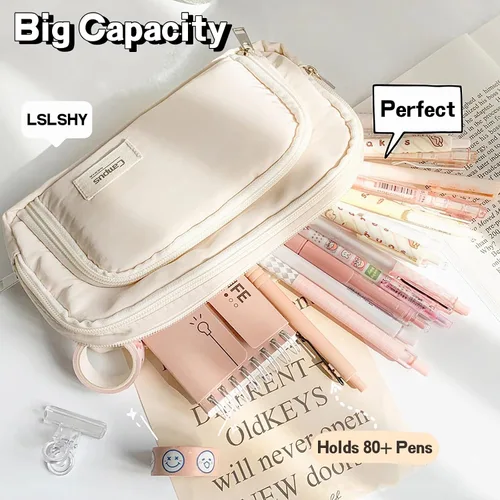 Miniatura 2 de LSLSHY Estuche grande de tres capas con cremallera para lápices, suministros de papelería para adolescentes, niñas, niños y estudiantes (beige)