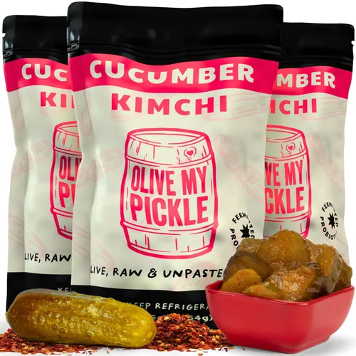 Olive My Pickle Kimchi Fermentado - 48 onzas | Paquete de 3 pepino probiótico vegano | Kimchi coreano fresco con probióticos naturales para la salud
