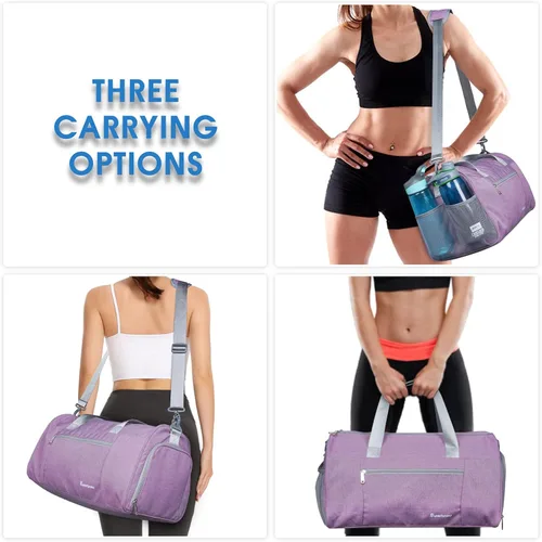 Miniatura 6 de Bolsa de gimnasio deportiva con bolsillo húmedo y compartimento para zapatos, bolsa de entrenamiento para hombres y mujeres, 4-Morado