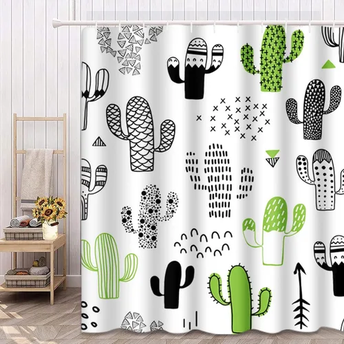 Cortina de ducha negra del desierto lindo dibujado a mano con cactus hipster geométrico impermeable tela de poliéster 72 x 72 pulgadas, juego con