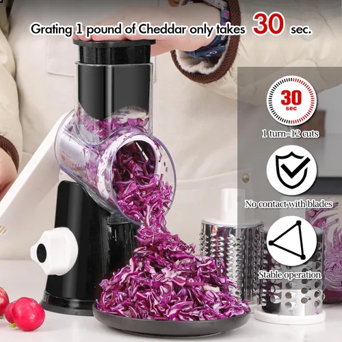 Miniatura 6 de Ourokhome rallador giratorio de queso con manivela manual, triturador de cocina con rebanador de mandolina de velocidad y raspador de hielo con Negro