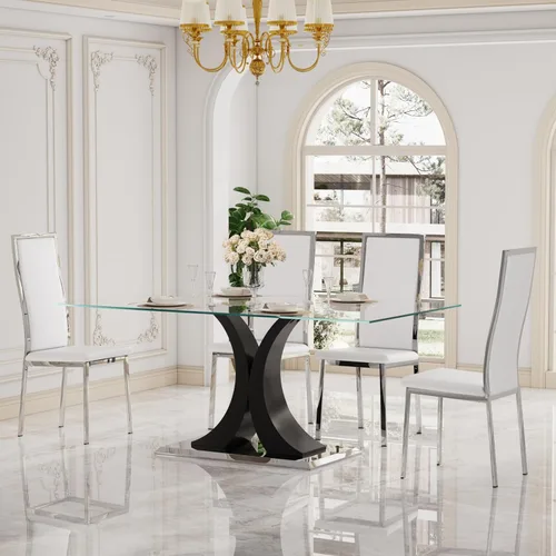 Miniatura 20 de Moderno juego de mesa de comedor rectangular de vidrio para 4, 63 pulgadas, mesa transparente de cocina de lujo con base negra y dorada, 4 sillas