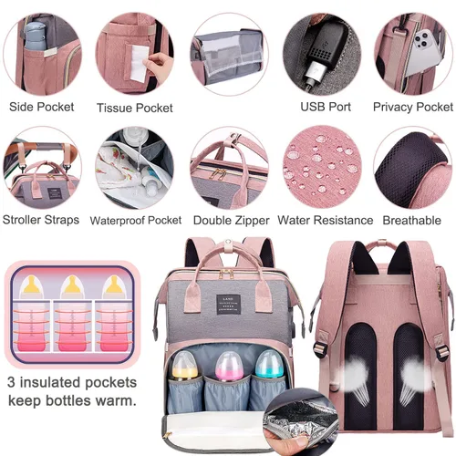 Miniatura 3 de Bolsa de pañales con cambiador, mochila para pañales, bolsa de pañales de viaje 7 en 1, bolsa para mamá con puerto de carga USB (rosa-gris)