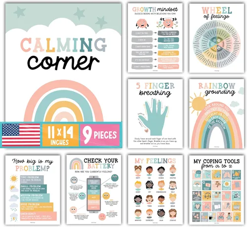 Hadley Designs 9 carteles de esquina relajantes para el aula, suministros de esquina tranquila con tabla de emociones, póster de consejero escolar,
