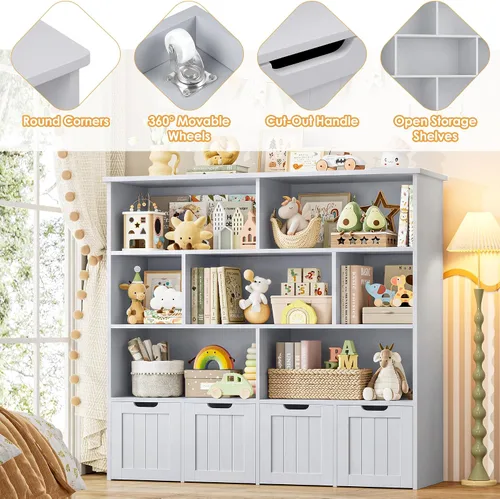 Miniatura 7 de FINETONES Organizador de almacenamiento de juguetes, estantería para niños con 4 cofres móviles y 7 cubos de almacenamiento, organizador