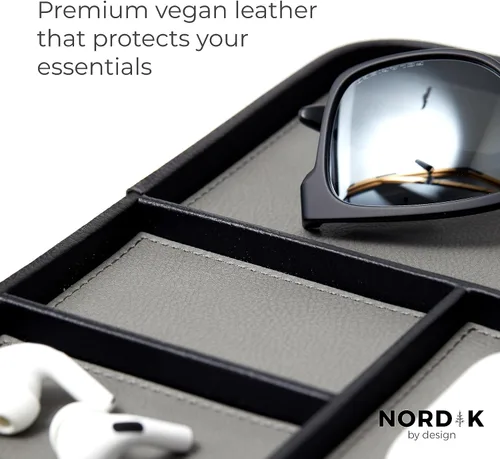 Miniatura 3 de Nordik - Bandeja de valet de cuero, color negro guijarro, bandeja de mesita de noche elegante y organizada de cuero vegano de primera calidad