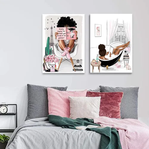 Miniatura 7 de 2 piezas enmarcadas de arte de pared afroamericano moderno París rosa blanco afro negro niñas mujeres lienzo decoración pared cuadros cuadros