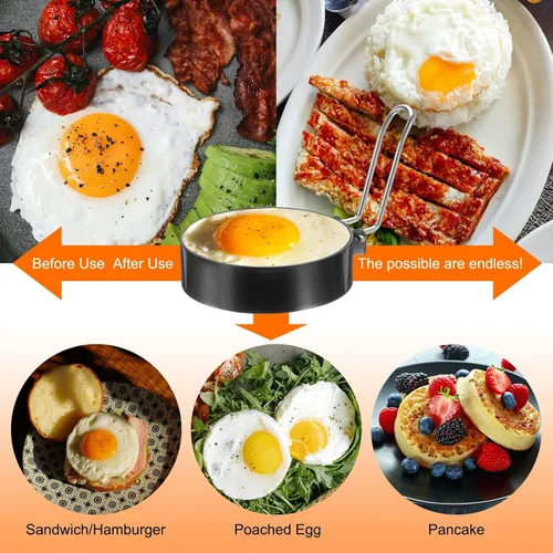 Miniatura 6 de HARFINGTON 4 anillos de huevo de 3.5 pulgadas de acero inoxidable antiadherente para panqueques con mango de silicona para freír huevos sándwich