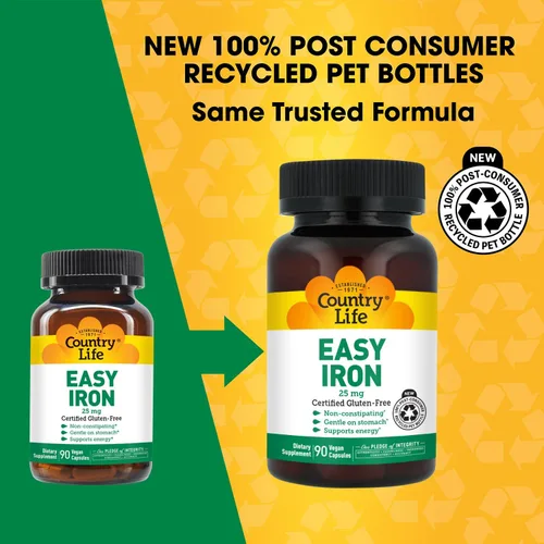 Miniatura 3 de Country Life Easy Iron 25 mg Suplemento de hierro suave y sin estreñimiento Apoya la producción de energía y glóbulos rojos Certificado sin