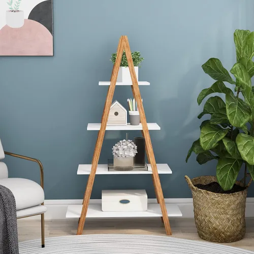 Miniatura 3 de Estantería de escalera blanca de 4 niveles, estantería de escalera de madera con marco en A, estantería moderna inclinada para sala de estar