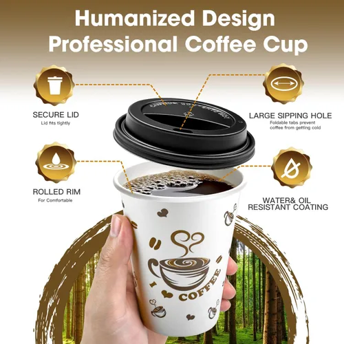 Miniatura 2 de Ginkgo Tazas de café desechables con tapas, 12 onzas, paquete de 100 unidades, taza de café de papel para llevar para coco caliente, chocolate