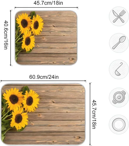 Miniatura 3 de Tapete de secado de platos, girasoles en madera, tapete de secado reversible absorbente de flores, tapete de secado de platos, tapete para secar