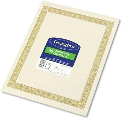 Certificados de papel pergamino, 8-1/2 x 11, borde diplomático natural, paquete de 50