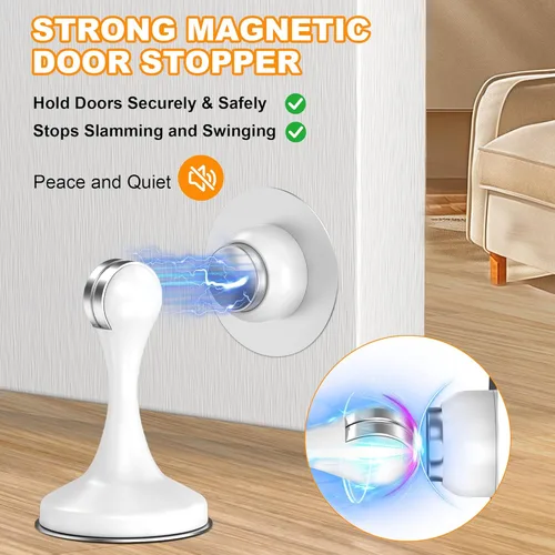 Miniatura 2 de Crosize Topes magnéticos para puerta, paquete de 1 unidad, topes de puerta de acero inoxidable para montaje en pared y piso, soporte de puerta Blanco