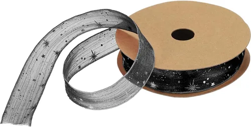 MECCANIXITY Cinta transparente de organza de estrella de 1 pulgada y 20 yardas, cinta de hilo de nieve brillante negra para envolver regalos, caja
