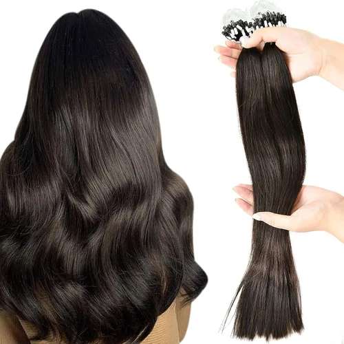 Miniatura 27 de Extensiones de cabello humano microlink de 16 pulgadas, extensiones de cabello natural suave de microcuentas, color #1 negro azabache, 100% cabello