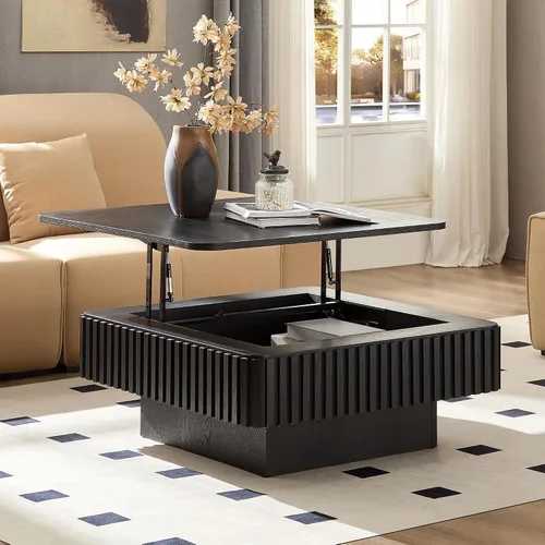 Miniatura 31 de 31.52" Square Lift Top Coffee Table with Storage, Natural Rattan & Hemp Rope, Adjustable Function, Vintage Farmhouse Center Table for Living Room