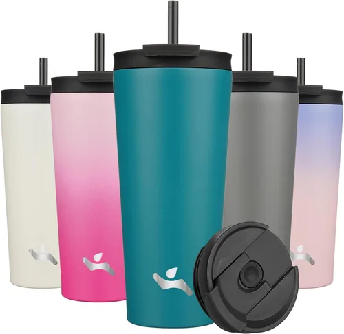 Miniatura 36 de Konokyo Vaso aislado de 18 onzas con tapa y 2 pajillas, botella de agua de acero inoxidable, taza de viaje al vacío, taza de café, color blanco ángel