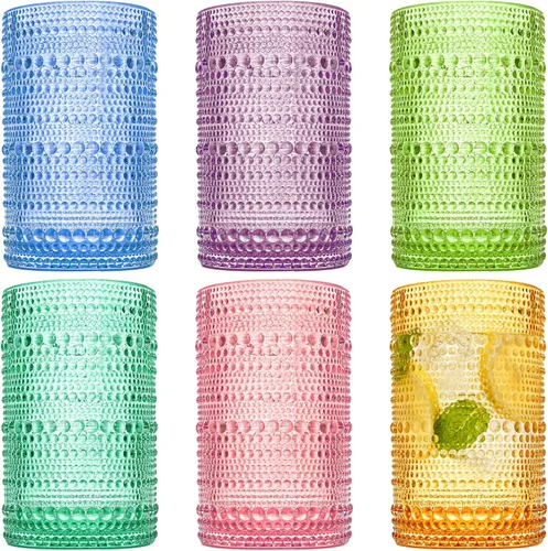 ZOOFOX Juego de 6 vasos vintage para beber, vasos de 12 onzas de colores con diseño en relieve para agua, bebidas, jugo, cerveza, cóctel, whisky,