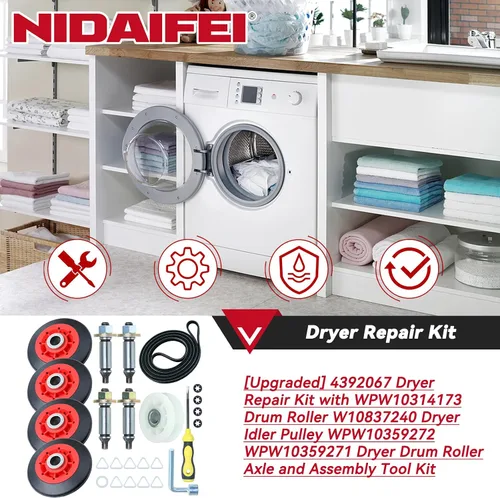 Miniatura 2 de [Upgraded] 4392067 Dryer Repair Kit with WPW10314173 Drum Roller 279640 Dryer Idler Pulley 661570v Belt WPW10359272 WPW10359271 Dryer Drum Shaft for