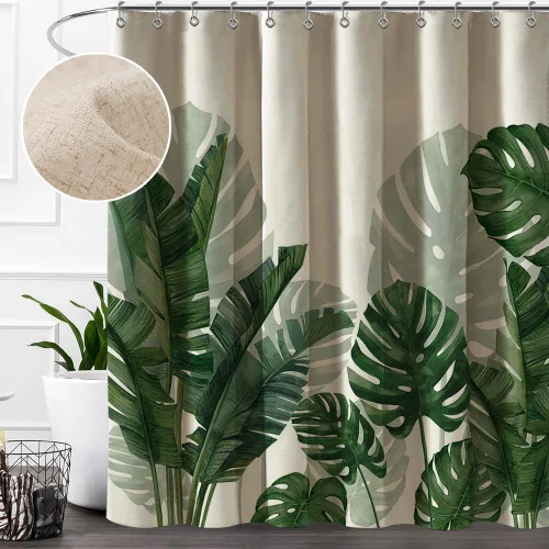 Miniatura 14 de Baccessor Cortina de ducha de lino con hojas verdes tropicales, cortinas de ducha botánicas de plátano, hoja de Monstera, palmera, repelente al Hoja
