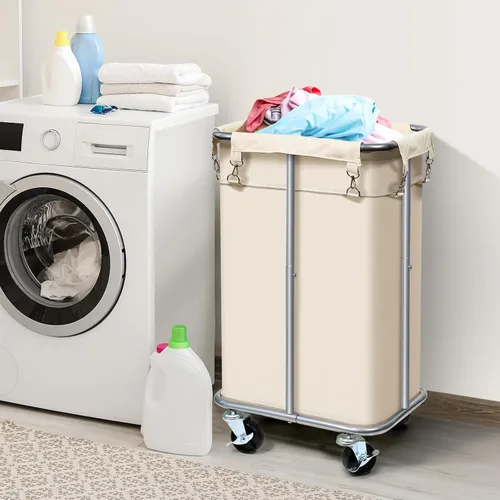 Miniatura 2 de Cesta de lavandería con ruedas, cesta de lavandería enrollable con bolsa extraíble, carrito clasificador de ropa de 100 L, organizador de ropa Crema