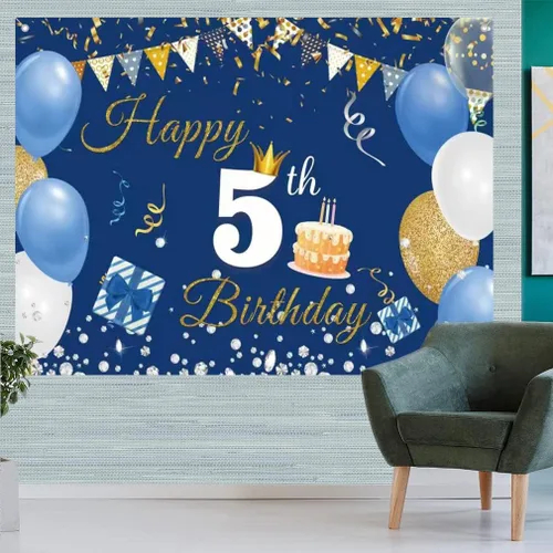 Miniatura 5 de Cartel de fondo de 5º cumpleaños para niños y niñas, azul, 59 x 35.4 pulgadas Póster de tela con letrero de fondo, suministros de fiesta de quinto