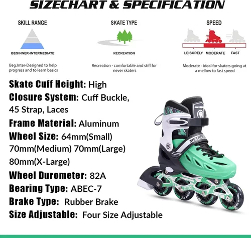 Miniatura 6 de METROLLER Patines en línea para niñas y niños, mujeres, hombres, 4 tallas ajustables, patines en línea con ruedas que se iluminan, patines Menta