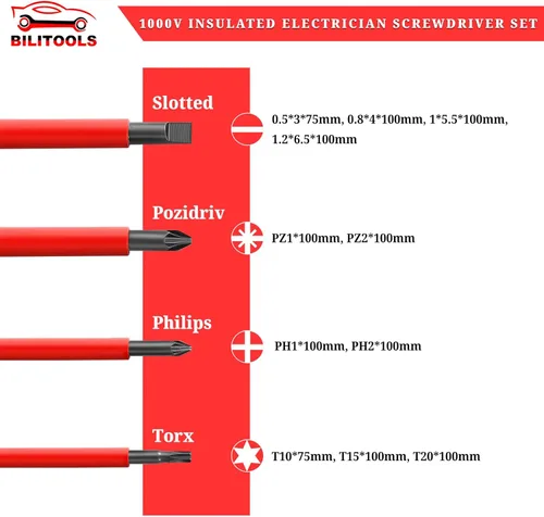 Miniatura 3 de BILITOOLS - Juego de destornilladores para electricista aislado de 1000 V - 13 piezas de herramientas eléctricas con puntas magnéticas de acero