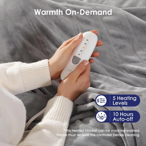 Miniatura 2 de Manta eléctrica de tamaño matrimonial con 5 niveles de calor y temporizador de 10 horas, manta térmica de franela doble acogedora de alta calidad