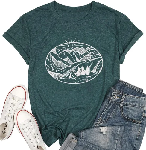 Miniatura 6 de Camisetas sin mangas de senderismo y montaña para mujer, divertidas camisetas de entrenamiento con gráficos de pino y amanecer, camisetas de verano