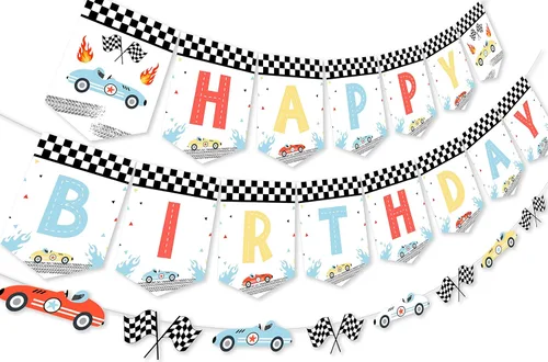 Decoraciones vintage de cumpleaños de coche de carreras, pancarta y guirnalda de feliz cumpleaños, retro pastel de carreras de autos de carreras