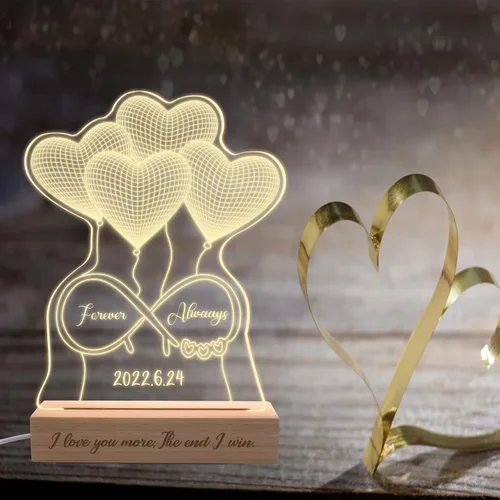 Miniatura 5 de Luz nocturna personalizada con ilusión 3D con base de madera, lámpara de corazón personalizada con texto de imagen, luz nocturna LED acrílica