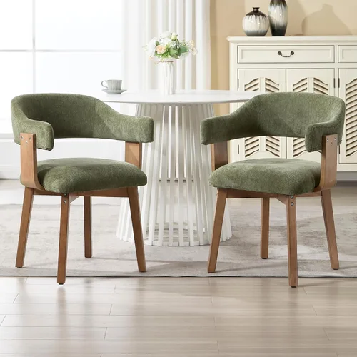 ROCITY Juego de 2 sillas de comedor verdes, sillas de cocina modernas de mediados de siglo con respaldo de barril curvado y patas de madera, sillas