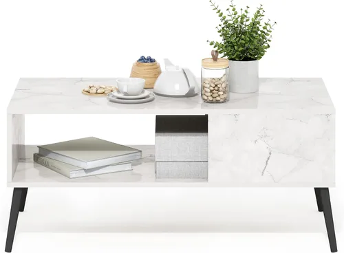 Miniatura 4 de Furinno Claude Mid Century Style - Mesa de centro con patas de madera, color blanco mármol Mármol Blanco