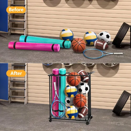 Miniatura 5 de Columnar - Estantes verticales de almacenamiento de bolas con ruedas, soporte de pared duradero para baloncesto, voleibol, ahorro de espacio