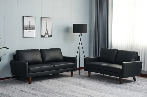 Miniatura 7 de INSTORY Sofá de cuero Sofá moderno con patas de madera para sala de estar, oficina - negro
