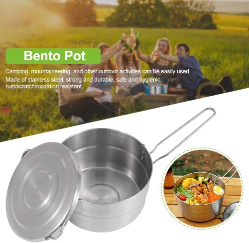 Miniatura 2 de DenpenTEC - Olla de acero inoxidable con tapa y mango plegable, olla Bento de gran capacidad de 1.5 L para acampar y senderismo