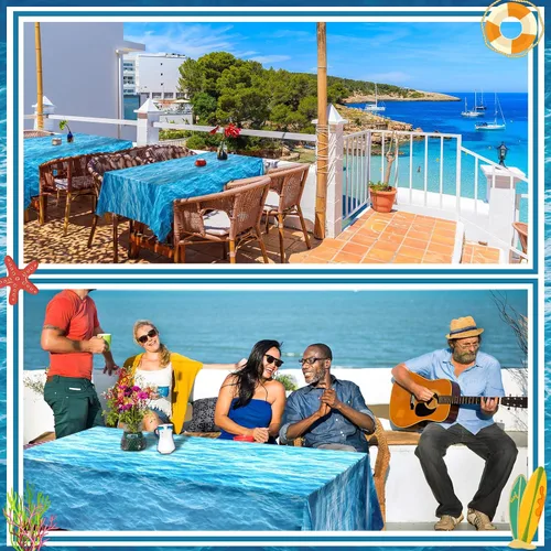 Miniatura 5 de Irenare 1 rollo de mantel de plástico con diseño de olas del océano de 54 pulgadas x 100 pies, cubierta de mesa con estampado de agua, mantel de mar