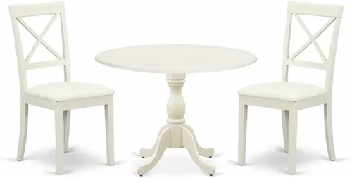 East West Furniture DMBO3-LWH-C - Juego de mesa de comedor de 3 piezas para espacios pequeños, contiene una mesa de comedor redonda con gotas y 2