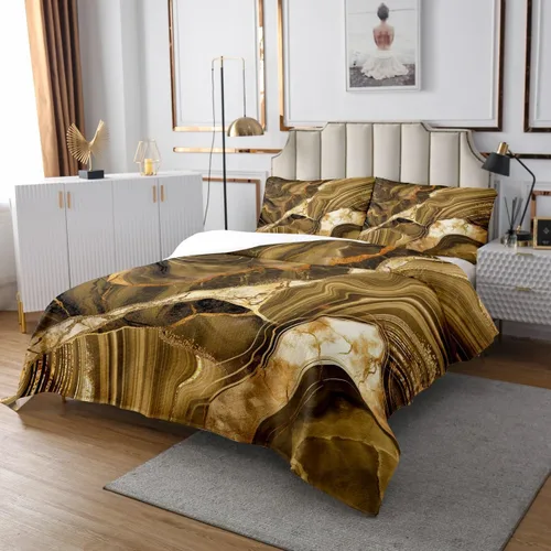 Miniatura 3 de Erosebridal Juego de edredón de mármol amarillo, tamaño King, juego de colcha dorada para hombres, juego de colcha abstracta de mármol metálico