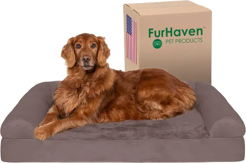 Miniatura 32 de Furhaven Cama ortopédica de espuma para perros, de pelo sintético y terciopelo, con diseño de caja de huevos, color salvia oscura, talla M Dark Sage