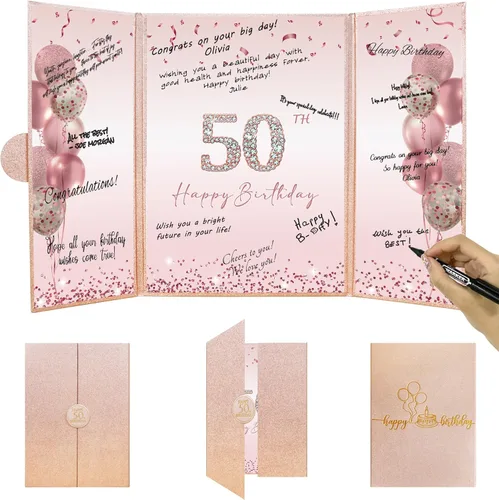 DARUNAXY Decoraciones de Fiesta de 50º Cumpleaños en Oro Rosa, Libro de Invitados de Firma Alternativo Feliz 50º Cumpleaños para Mujeres Rosa