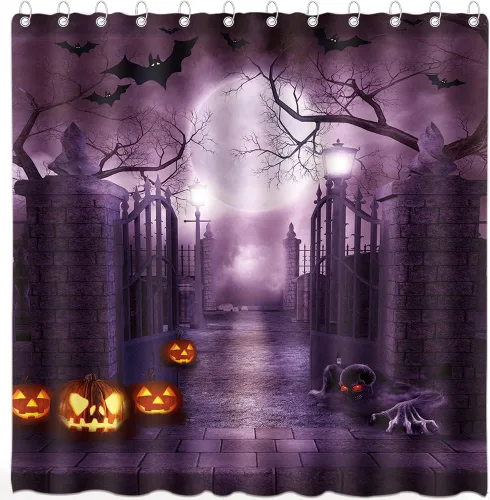 Miniatura 9 de Cortina de ducha de Halloween para baño, noche aterradora, patio, puerta, luna espeluznante, árbol muerto, lámpara de calle, poliester, impermeable