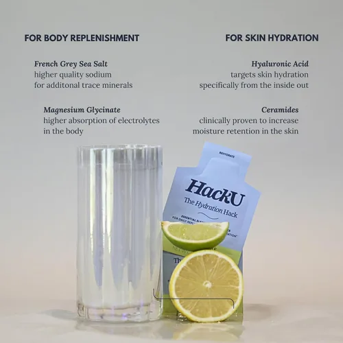 Miniatura 4 de HackU Hydration Hack - Paquetes de hidratación de electrolitos y piel – Mezcla de bebida sin azúcar, sin hinchazón con magnesio, ácido hialurónico