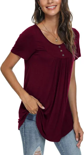 Miniatura 2 de POPYOUNG - Blusa de verano casual de manga corta para mujer, camiseta estilo túnica, con botones, suelta