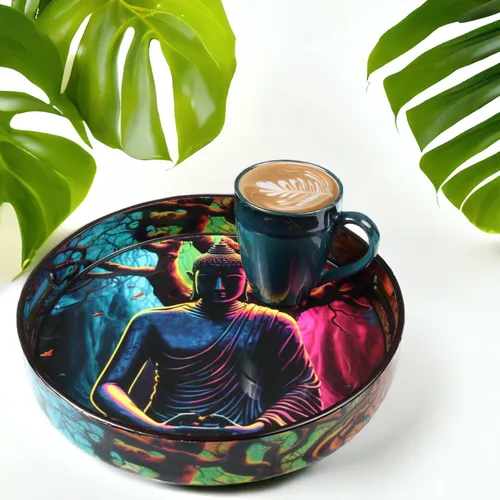 Miniatura 6 de Crocon Bandeja redonda decorativa para mesa de café, desayuno, bandeja otomana impresa con buda, portavelas, centros de mesa multiusos para comedor