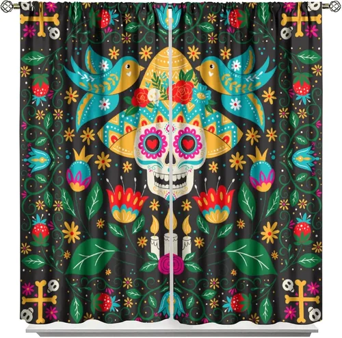 Miniatura 15 de Divertidas cortinas opacas de calavera de azúcar, cementerio del día de los muertos, diseño floral de México, telón de fondo negro, cortinas