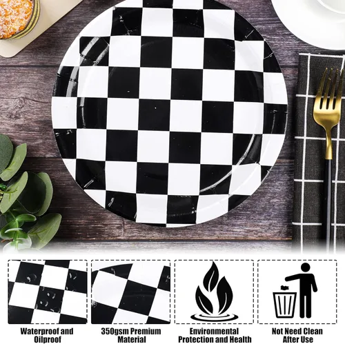 Miniatura 4 de Paquete de 50 platos de papel de coche de carreras de 9 pulgadas, platos desechables en blanco y negro, con bandera a cuadros, platos redondos